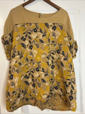 Made in Italy Linen Floral Top | Mustard & Navy Boho Top | Size 3x